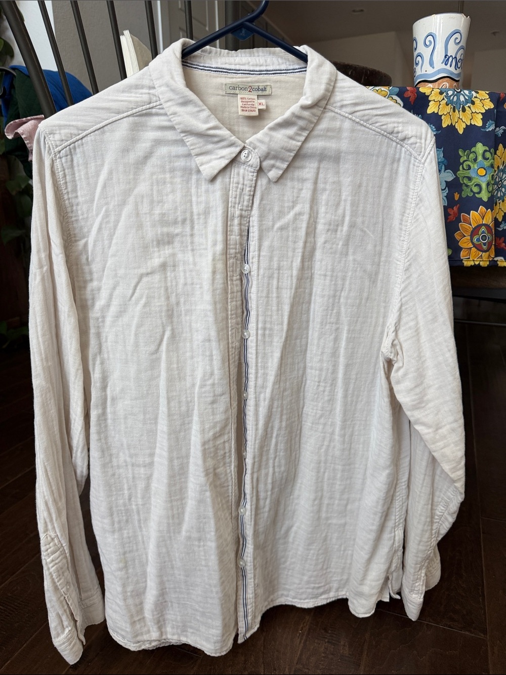 Carbon2cobalt white gauzy Button-Front Lightweight Blouse